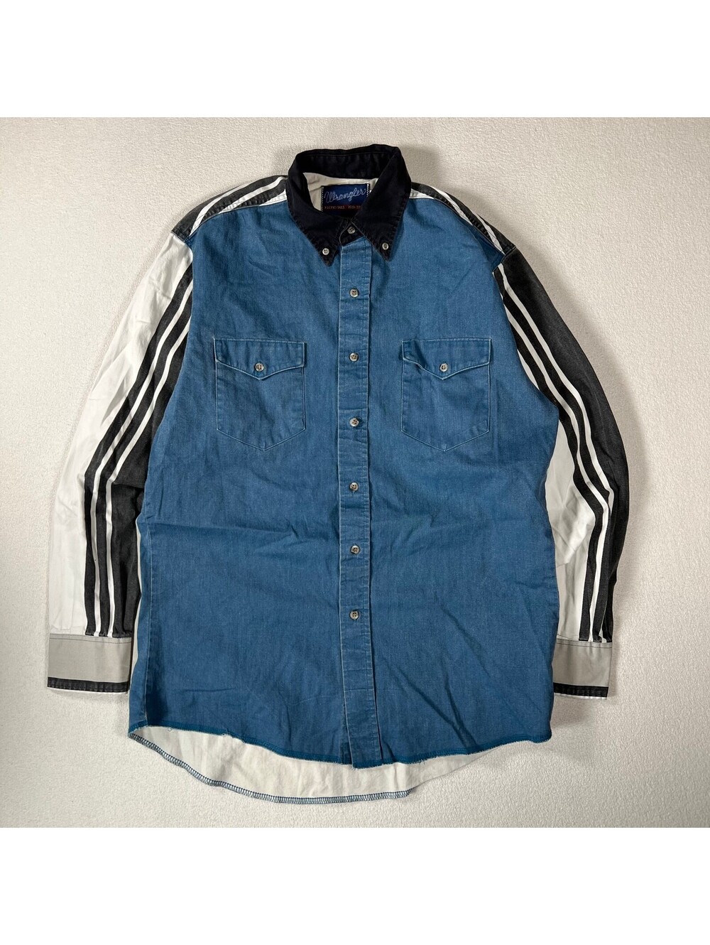 Vintage Wrangler Vertical Stripe Color Block Button-Up Shirt X-Long Tails Size M